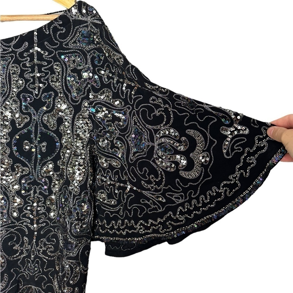 Free People Sequin Embroidery Mini Dress Flutter Sleeves oversized XS - Picture 4 of 9